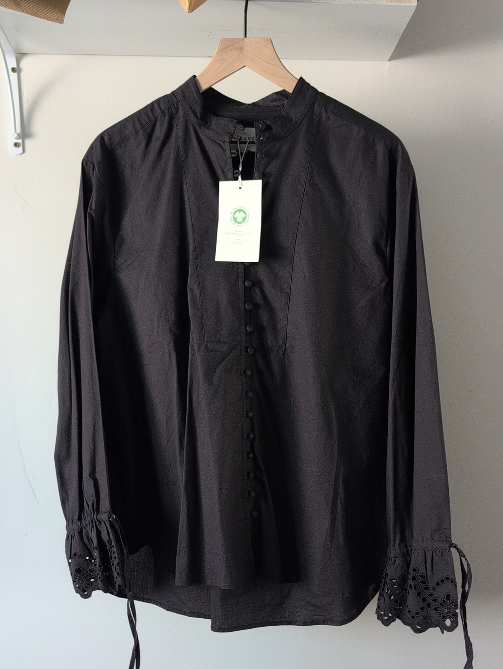 Faria Sezane Black Button-Front Mandarin Collar Blouse